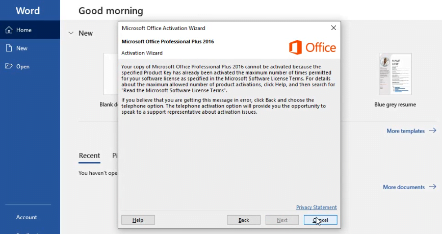 Microsoft Office Pro Plus 2016 cannot activated