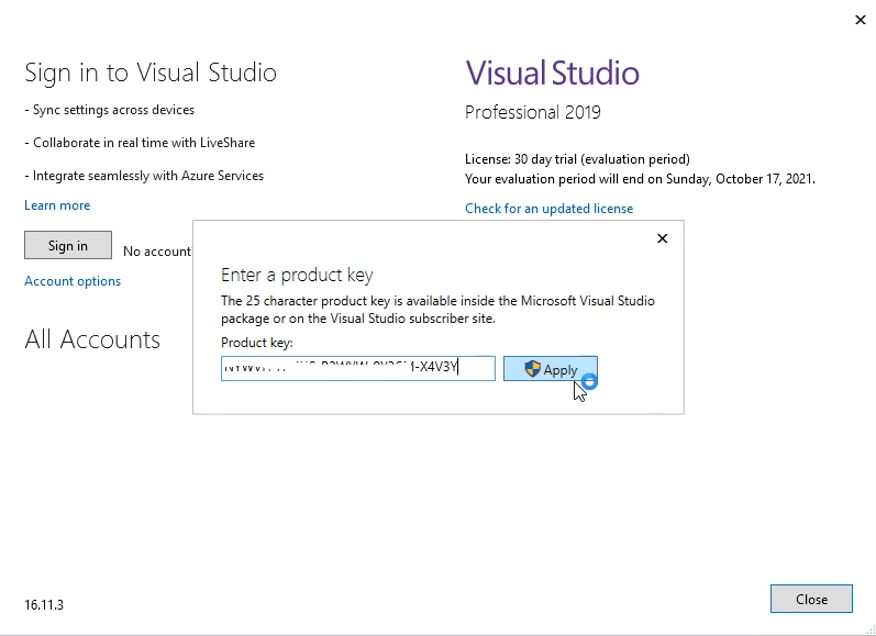 How to use Visual Studio 2019 Professional product key